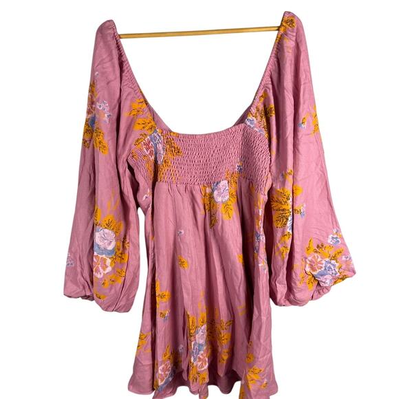Free People Francesca Floral Puff Long Sleeves Mini Dress Rose Pink Size Large - Picture 8 of 12